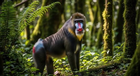 Mandrill in lush green forest habitat with vibrant markingsの素材