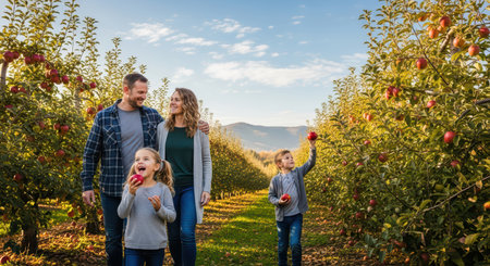 Happy family picking apples in orchard: caucasian parents and children enjoy autumn dayの素材
