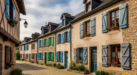 Charming cobblestone street with colorful shutters and brick houses in quaint villageの素材