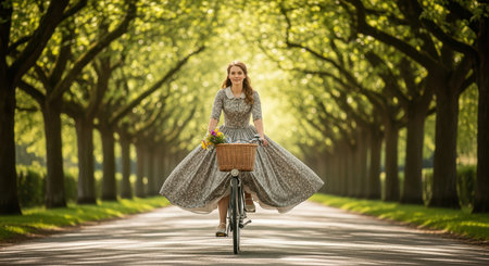 Young caucasian female in vintage dress cycling through tree-lined avenueの素材