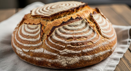 Rustic artisan sourdough bread with spiral pattern on wooden tableの素材