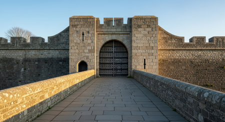 Historic stone castle entrance with drawbridge in daylightの素材