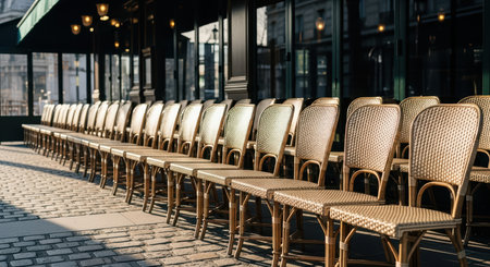 Outdoor cafe seating area with elegant chairs lined up alongside cobblestone street in sunlightの素材