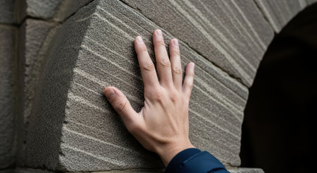 Close-up of hand touching textured stone arch in architectural detailの素材