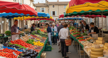 Vibrant outdoor market with shoppers exploring fresh produce stallsの素材