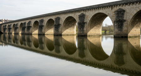 Historic stone bridge with arches reflecting in calm riverの素材