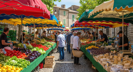 Bustling outdoor market with diverse crowd and fresh produce stalls on sunny dayの素材