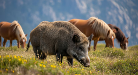 Wild boar grazing in meadow with horses in backgroundの素材