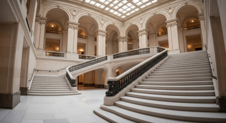 Grand marble staircase in elegant historic building with intricate architectureの素材