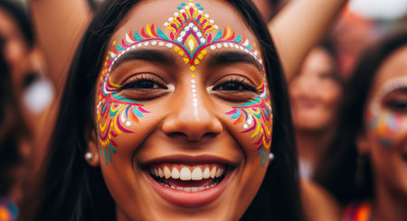 Young hispanic female with colorful festive face paint smiling at eventの素材
