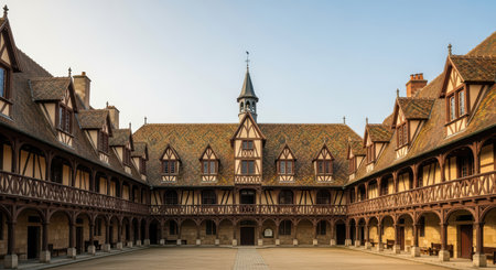 Historic medieval hospital courtyard with colorful tiled roof in beaune, franceの素材