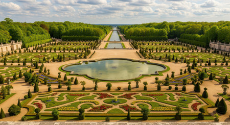 Aerial view of the palace of versailles gardens on a sunny dayの素材