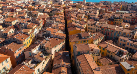 Scenic aerial view of colorful rooftops in mediterranean coastal townの素材