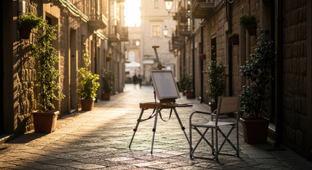 Sunlit urban alley with art easel and chair in tranquil settingの素材