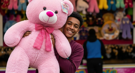 Young african male holding giant pink teddy bear at carnivalの素材