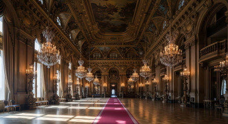 Ornate grand hall interior with chandelier and red carpet in historic palaceの素材