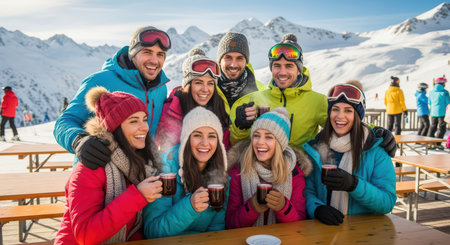 Group of young adults enjoying warm drinks in snowy mountain resortの素材