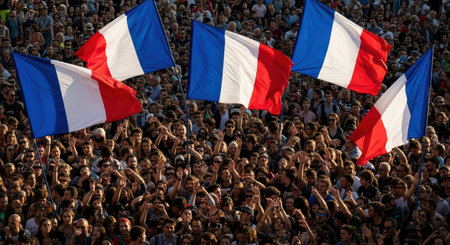 Large crowd waves french flags at outdoor eventの素材