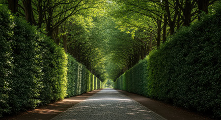 Serene tree-lined pathway with green hedges and cobblestone road in sunlightの素材