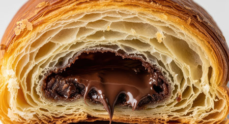 Delicious chocolate-filled croissant pastry with flaky layersの素材