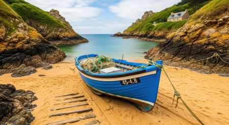 Tranquil coastal cove with blue fishing boat on sandy beach and rocky cliffsの素材