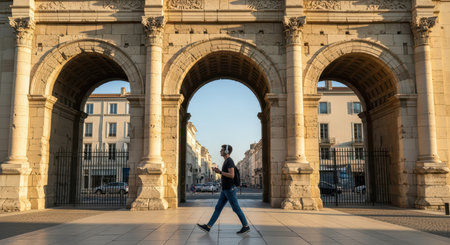 Young caucasian male walking near historic stone archway in urban settingの素材