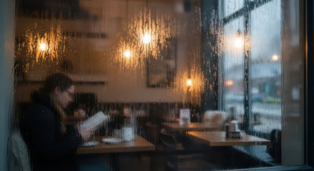 Female reading in cozy cafe on rainy day visible through steamed windowの素材