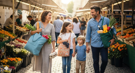Happy family shopping at outdoor market with fresh produceの素材
