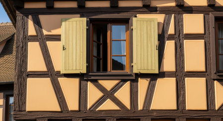 Charming half-timbered house facade with open shuttersの素材