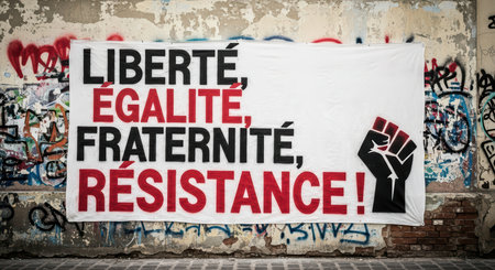 French graffiti wall with protest banner featuring fist symbolの素材