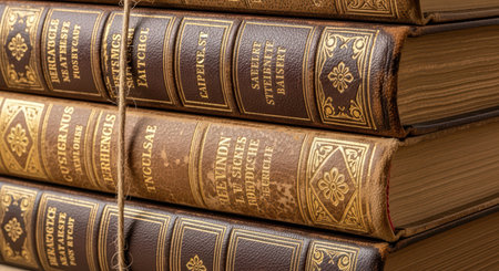 Stack of antique leather-bound books with gold embossing on spineの素材