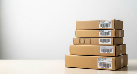 Stacked cardboard boxes with shipping labels on wooden surfaceの素材
