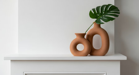 Minimalist terracotta vases with monstera leaf on white shelfの素材