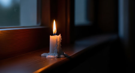 Melting candle on wooden windowsill with soft warm glow in dim lightの素材