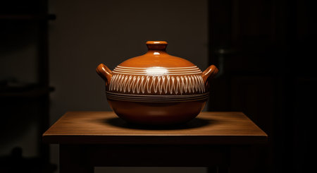 Vintage brown ceramic pot with patterned design on wooden tableの素材