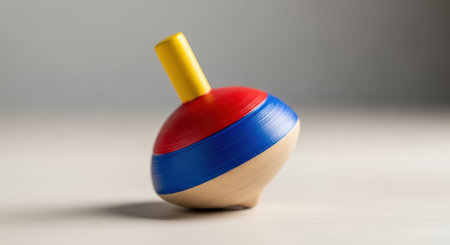 Colorful wooden spinning top with red and blue bands on neutral backgroundの素材