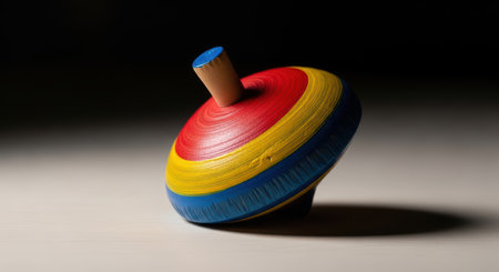 Colorful wooden spinning top on surface with dramatic lightingの素材