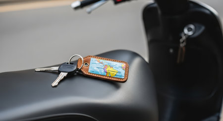 Keys and leather map keychain on black scooter seatの素材