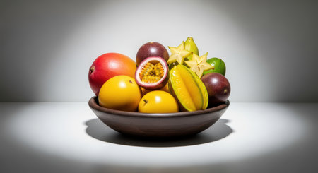 Vibrant tropical fruit assortment in wooden bowlの素材