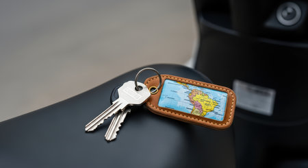 Keys with map keychain on black surfaceの素材