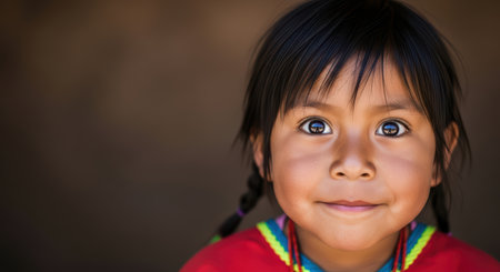 Young hispanic girl with braids in colorful traditional outfit smilingの素材