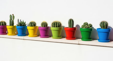 Vibrant cacti in colorful pots on sunny white shelfの素材