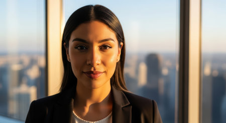 Confident hispanic female professional in urban office setting with skyline viewの素材