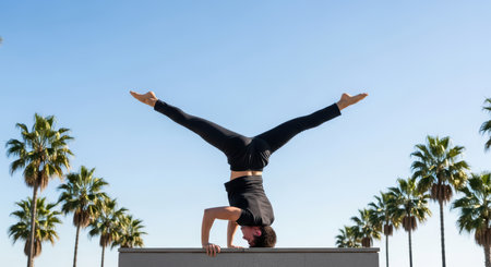Male performing handstand in outdoor setting with blue sky and palm treesの素材