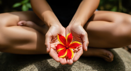 Peaceful meditation with tropical flower in hands outdoorsの素材