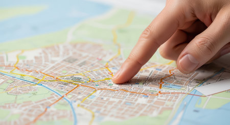 Close-up of hand navigating city map with finger pointing to downtown areaの素材