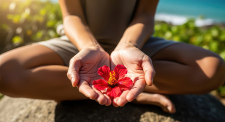 Serene meditation with red hibiscus on beachの素材