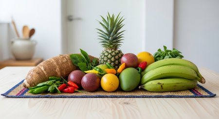 Tropical fruit variety on table with pineapple, plantains, and peppersの素材
