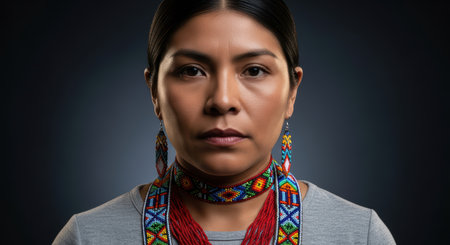 Hispanic young female with traditional beaded jewelry against dark backgroundの素材