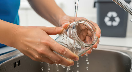 Caucasian female washing glass jar at kitchen sink with recycling bin nearbyの素材